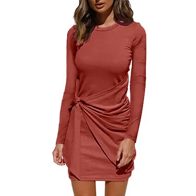 Irregular Dress With Pleated Bow Tie Belt Brick Red - Shop at LoveMi