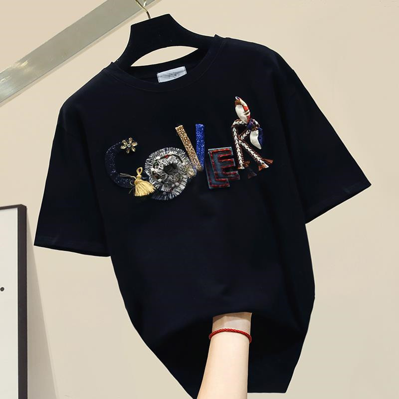 Heavy Industry Three-dimensional Letter Beads With Cotton Personality Loose Short-sleeved Round Neck