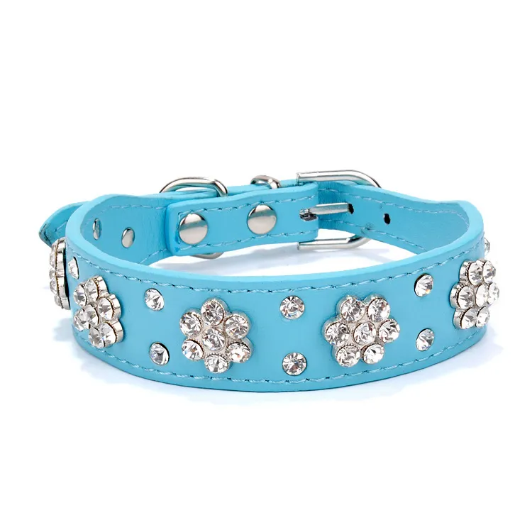 Cute PU Leather Dog Collar Rhinestone Flower Pattern Studded Width Fit Small And Medium Dogs - Blue
