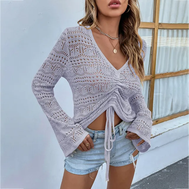 V Neck Drawstring Flare Sleeve Sweater Light Purple - Shop at LoveMi