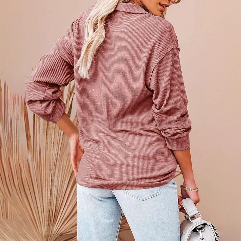 Casual Solid Color Loose V-neck Long-sleeved Threaded T-shirt