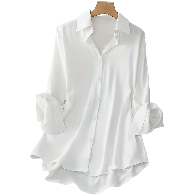 Plus Size Women's Casual Solid Color Lapel Long Sleeve Shirt Spring Autumn Comfort Full Button Office Blouse White - Shop at LoveMi