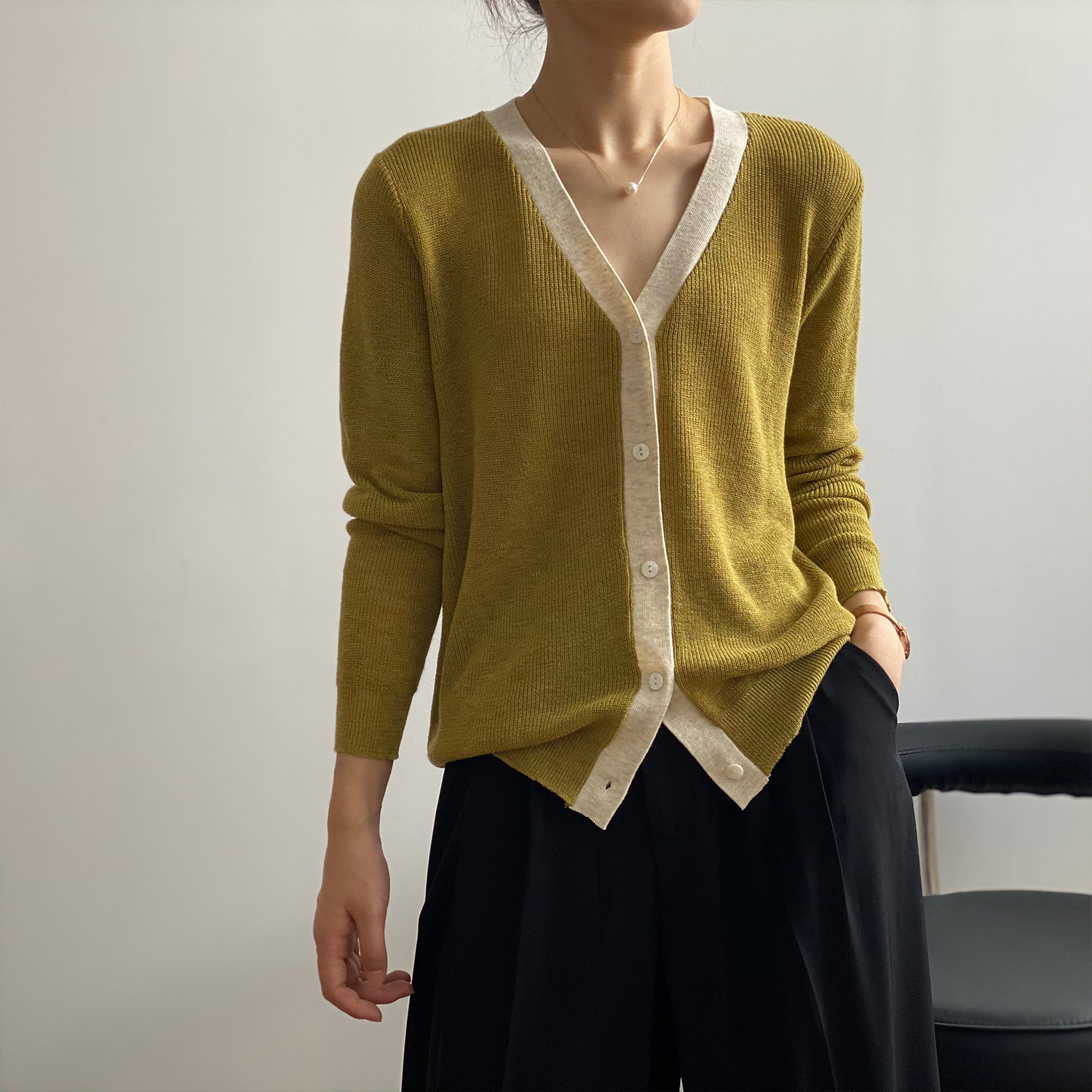 Contrasting Color Knit Cardigan Women's V-neck Thin Color Matching Jacket Women