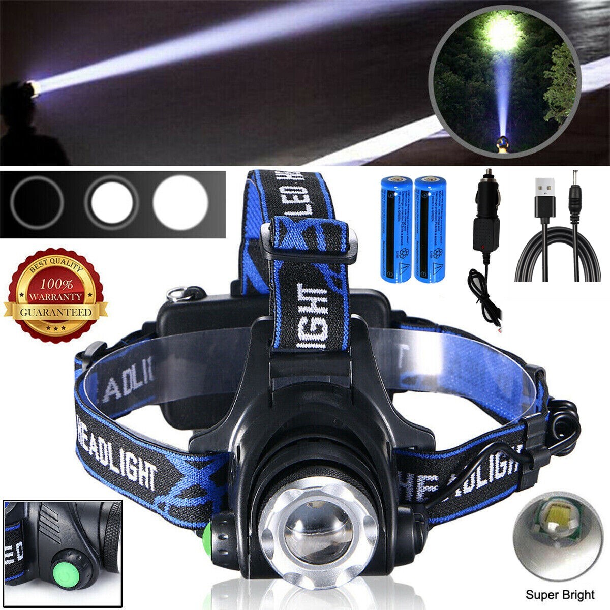 99000000LM Powerful Headlamp LED Head Torch USB Rechargeable Headlight Lamp