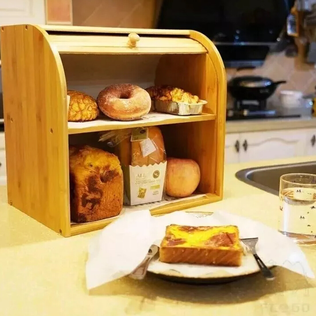 Bread Bin 2 Tiers Double Layer Box Slide Roll Top Food Storage Rack Home Kitchen — image 4