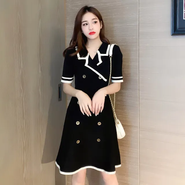 Short sleeved Knit Dress With A Thin A line Skirt Black - Shop at LoveMi