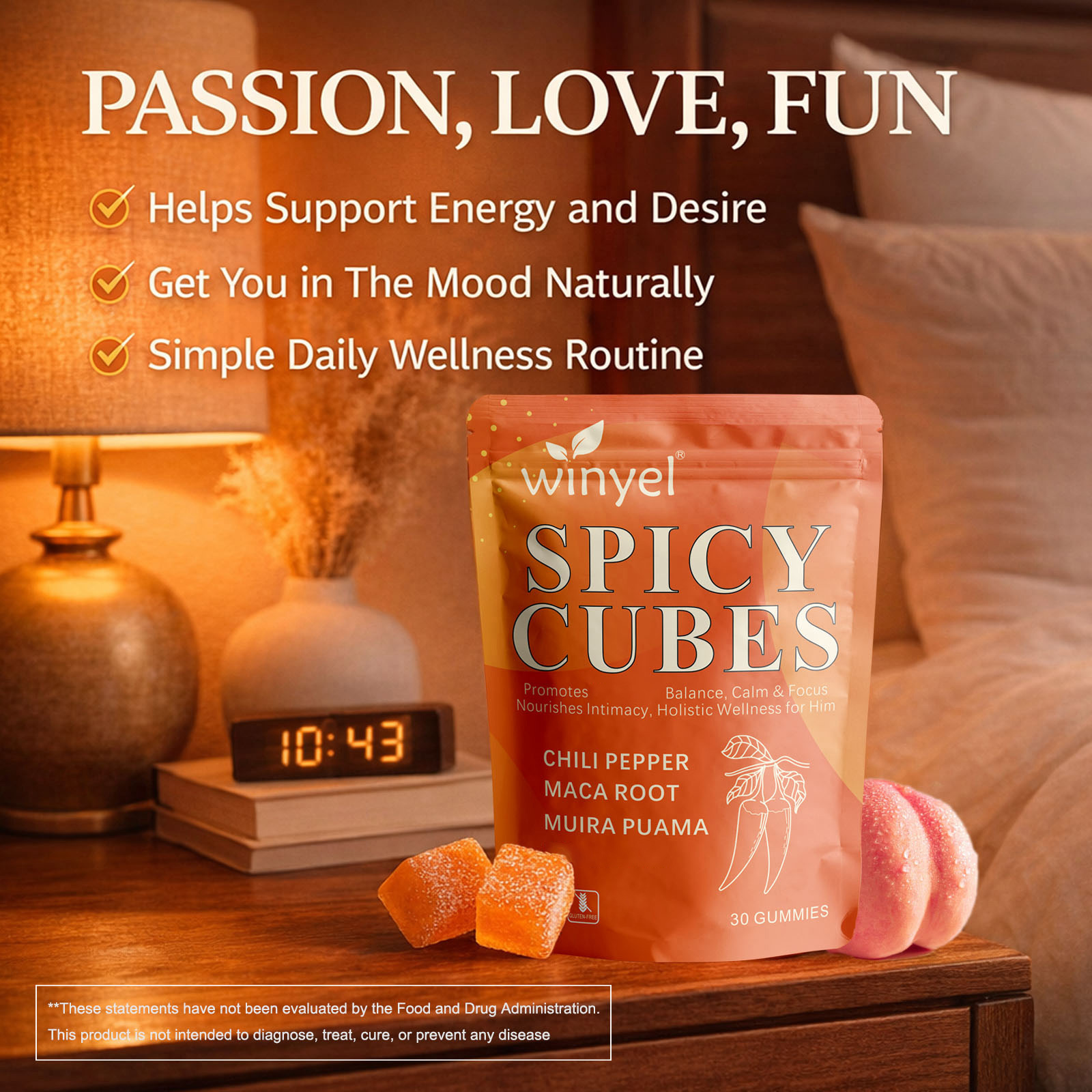 WINYEL Spicy Cubes, Intimacy Gummies With Chili Pepper, Muira Puama, Maca Root, Epimedium, Helps Promote Hormone Balance, Calmness And Intimacy Wellness, Peach Flavor, 30 Gummies