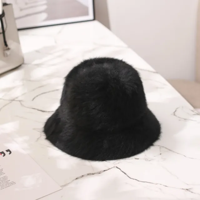 Rabbit Fur Sweet Plush Warm Bucket Hat Black - Shop at LoveMi