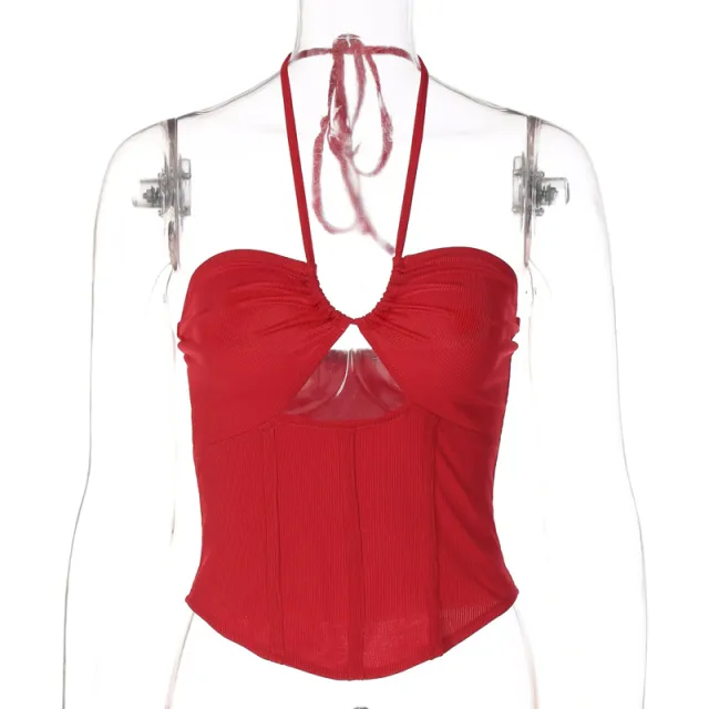 One line Neck Hanging Neck Lace up Small Vest Solid Color Top Red - Shop at LoveMi