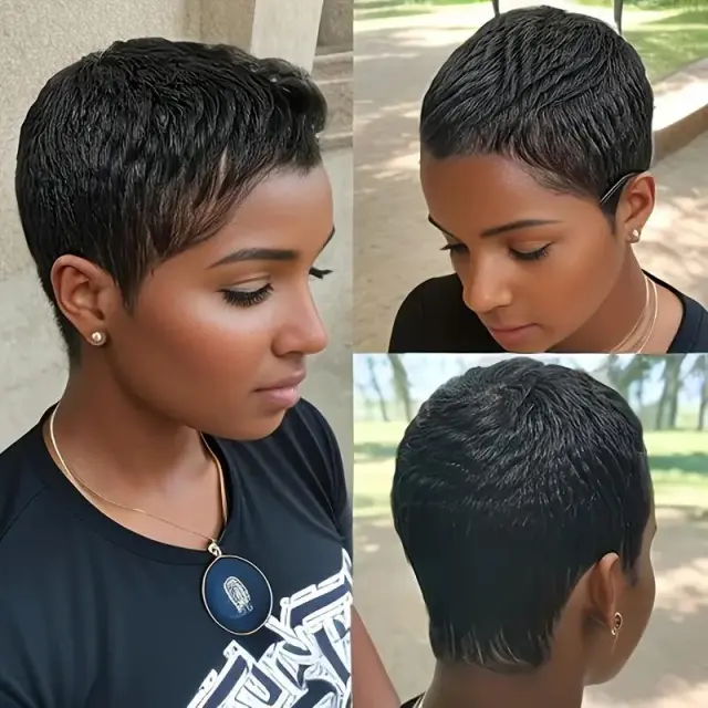 Women's Elegant Elf Haircut Non toxic Wig Brazilian Remy Real Hair, Natural Color, Short Straight Hair, All Machine made, With Buckle Cap 1B - Shop at LoveMi