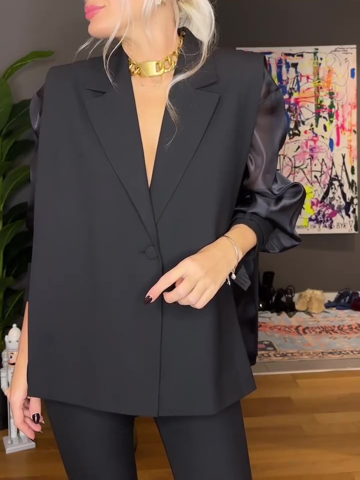 Black Organza Patchwork Sleeve Top