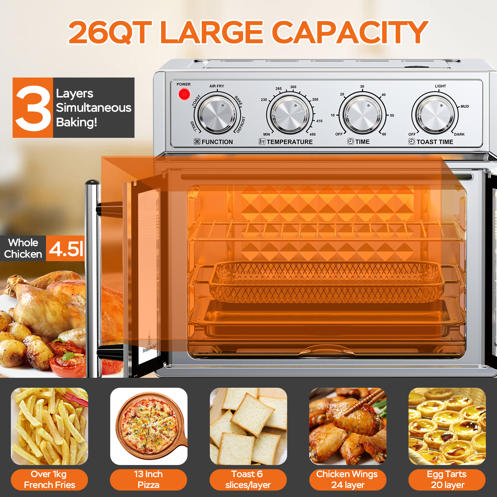 29.5 QT Air Fryer Convection Toaster Oven, French Door, 6 Slices, 1700W, Multifunction Oven, Air Fryer, Toast, Grill, Defrost, Bake, Time And Temperature Controls, Silver, Amazon Resale Prohibited — foto 10