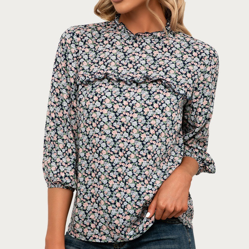 Title 2, Fungus Collar Floral Round Neck Casual Shirt