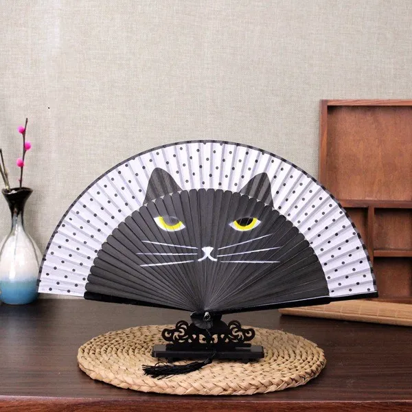 Female Japanese Craft Cat Fan Silk Black - Shop at LoveMi