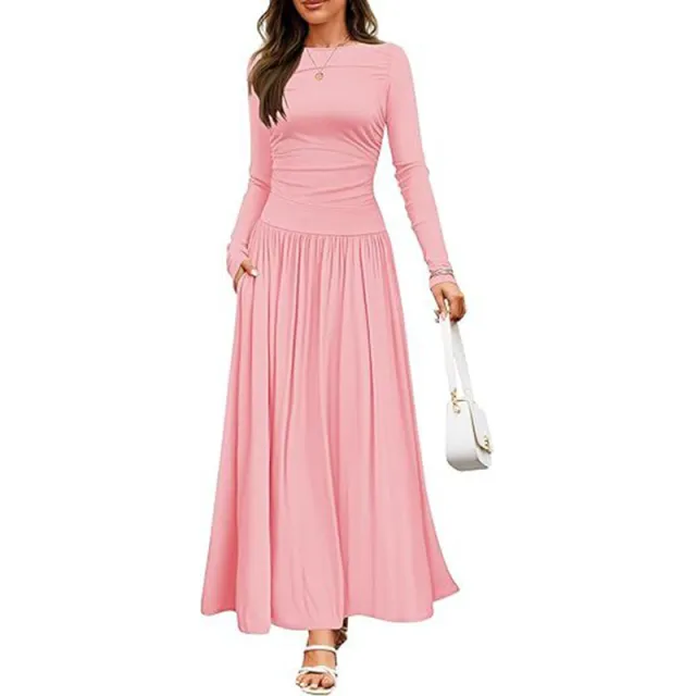 Women's Elegant Ruffle Detail Dress, Solid Color Round Neck Long Sleeve Knit Dress With Pockets Pink - Shop at LoveMi
