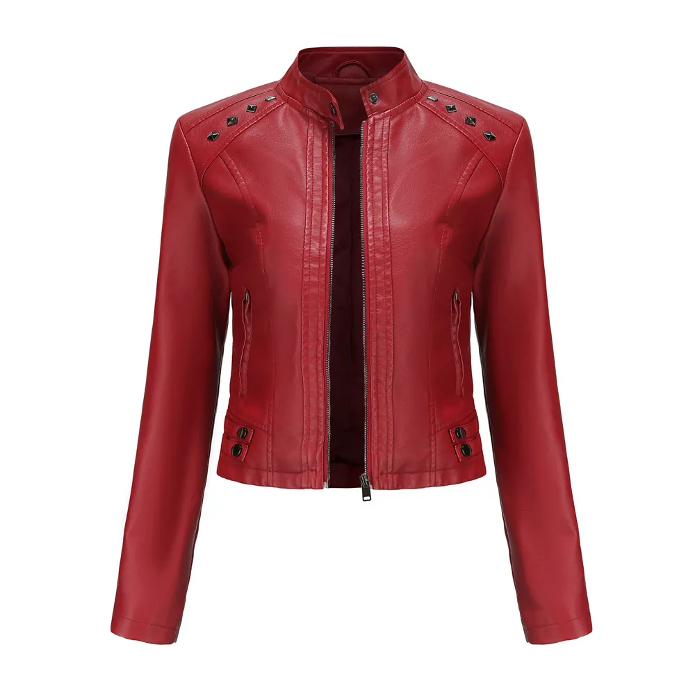 Studded Leather Women Short Jacket Long Sleeves - Red