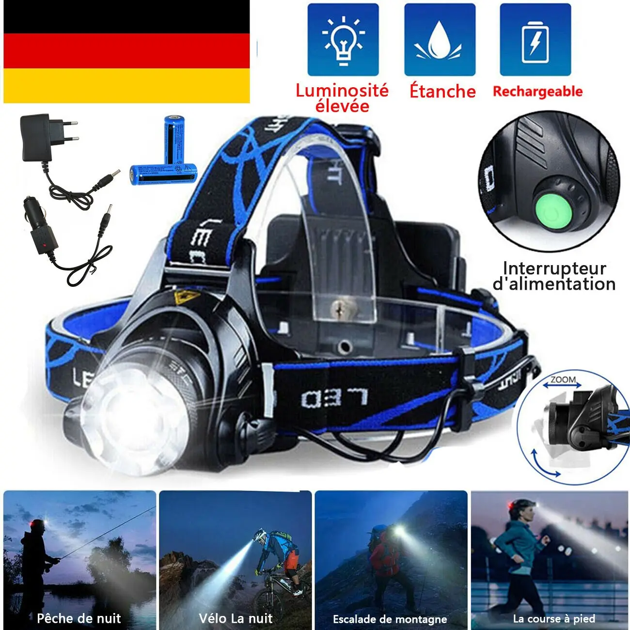 LED Headlamp Rechargeable Head Torch Zoom Headlight