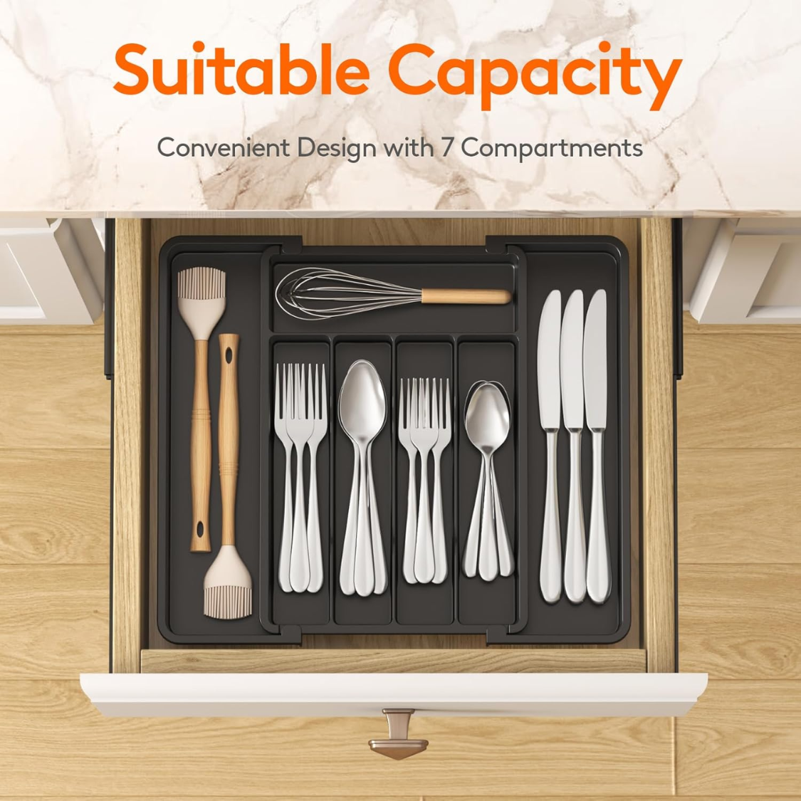 Expandable Silverware Organizer Plastic Utensil Tray For Kitchen Drawer BPA Free Flatware Cutlery Holder Space-Saving Storage For Spoons Forks thumbnail 7