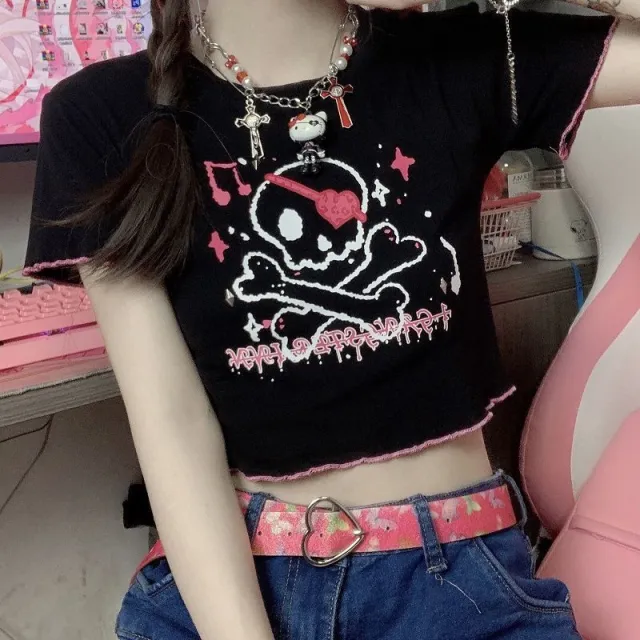 Dark Cartoon Print Crew Neck Short Sleeve Crop Navel T Shirt Black - Shop at LoveMi
