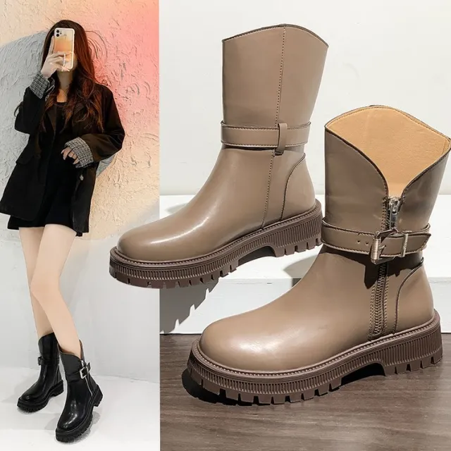 Women's Thick Soled Martin Boots High Side Zipper Khaki - Shop at LoveMi