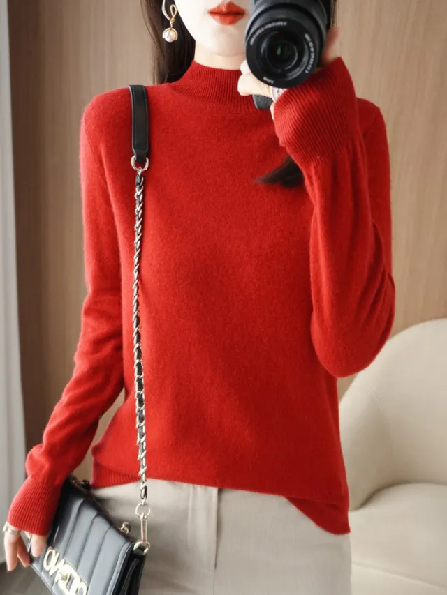 Wool Blend Women's Loose Half Turtleneck Solid Color Red - Shop at LoveMi