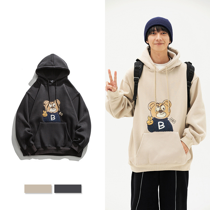 New Bear Embroidered Print Loose Pullover Hoodie