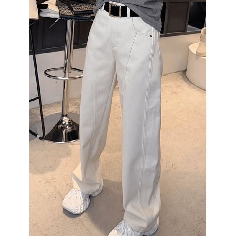 White Scimitar Pants Women's Straight Spring And Autumn New High Waist Pear shaped Body Loose Casual Narrow Leg Wide Pants White - Shop at LoveMi