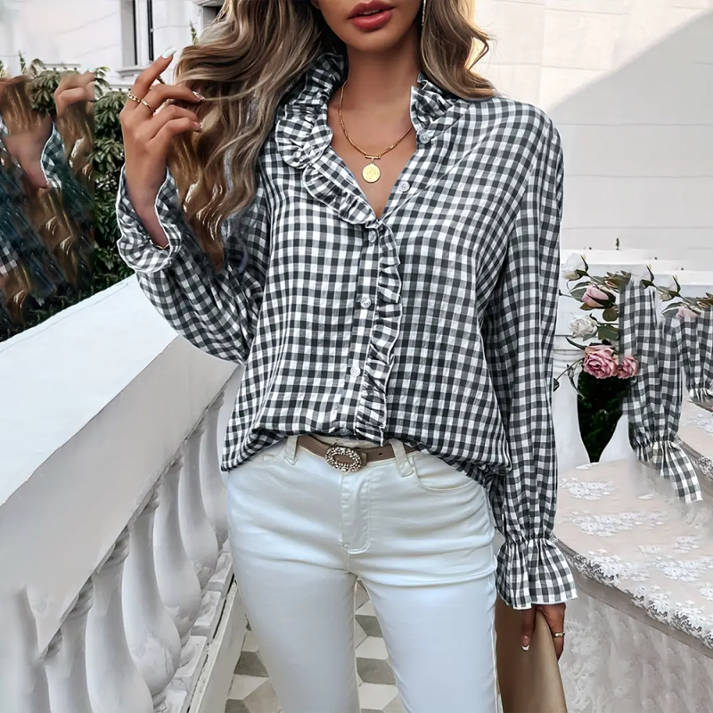 Women's French Style Checkered Button Up Shirt Elegant Plaid Pattern, Stand Collar With Ruffled Cuffs, Comfortable Wear Black - Shop at LoveMi