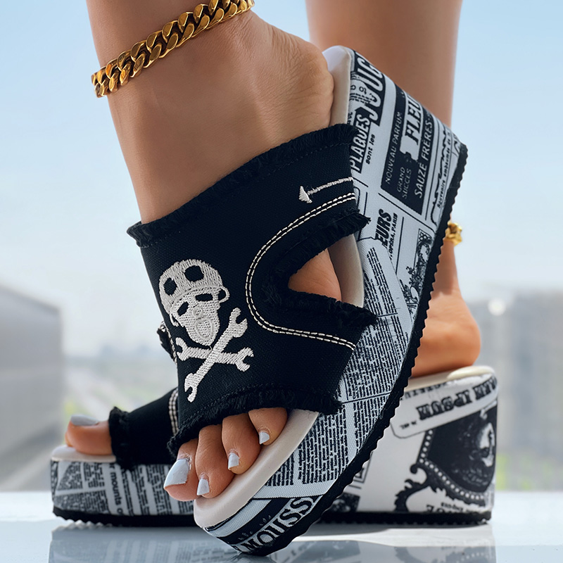Newspaper Skull Original Hem Platform Wedge Slides Anklet Not Included Us 8 - Shop at LoveMi