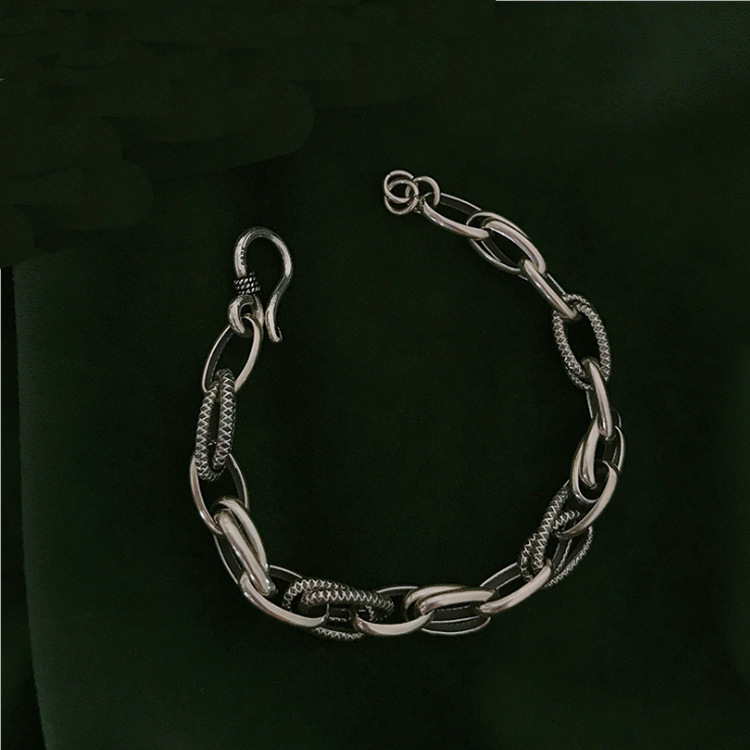 925 Silver Distressed Bracelet Women Retro Personality Ring Circle