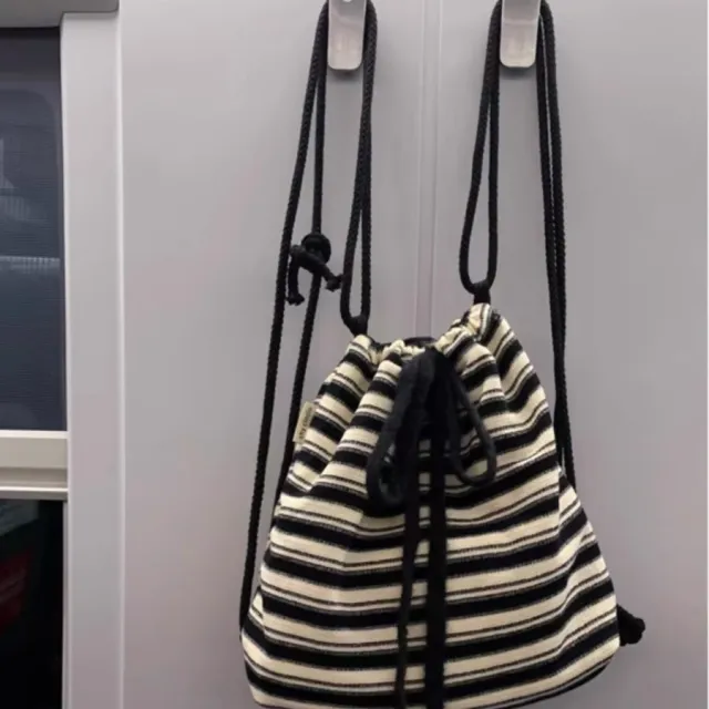 Fashion Black White Striped Drawstring Backpack Ins Lazy Style Large Capacity Canvas Bags Women Cute Campus Schoolbag For Girls Black - Shop at LoveMi