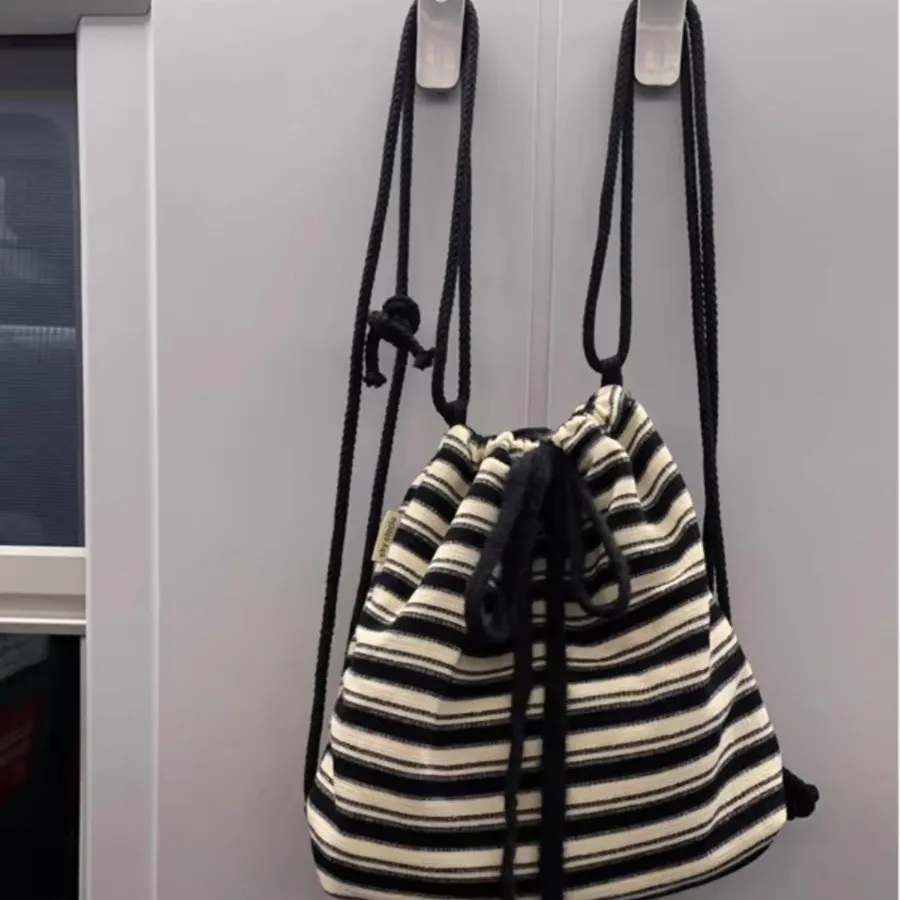 Fashion Black White Striped Drawstring Backpack Ins Lazy Style Large Capacity Canvas Bags Women Cute Campus Schoolbag For Girls - Black