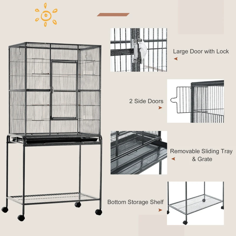 Rolling Metal Bird Cage Feeder With Detachable Rolling Stand, Storage Shelf, Wood Perch & Food Container