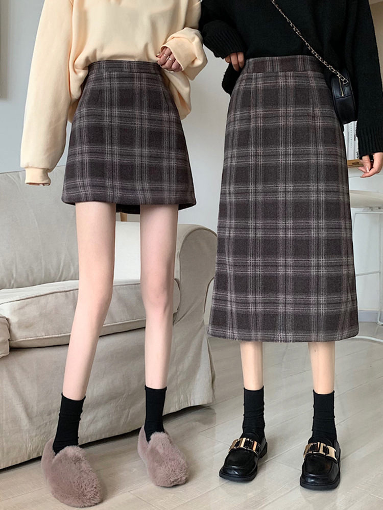 Woolen Plaid Skirt Retro High Waist Was Thin
