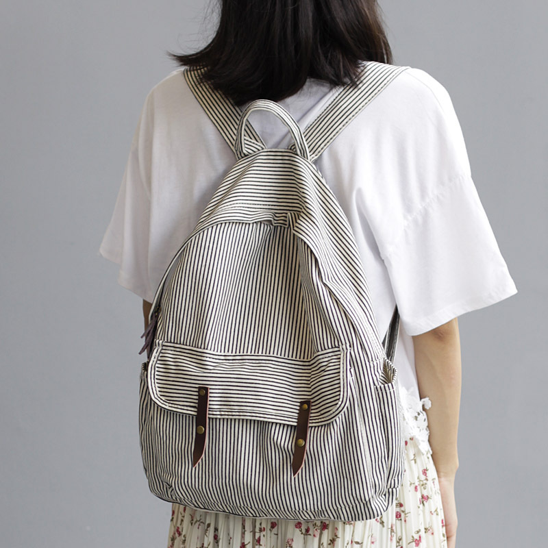 Title 4, Simple Striped Canvas Backpack Casual Fashion L...