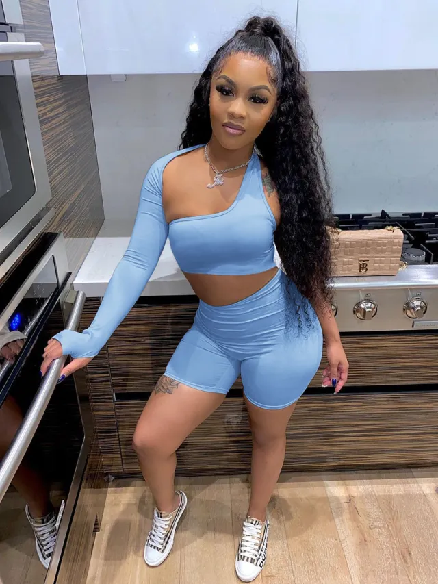 Cutout Sports Long Sleeve Shorts Two Piece Set Light Blue - Shop at LoveMi