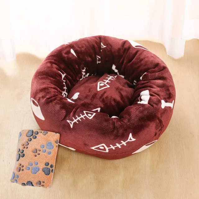 Autumn And Winter Thick Plush Round Pet Nest Mat Coffee Fish Bones And Blanket - Shop at LoveMi