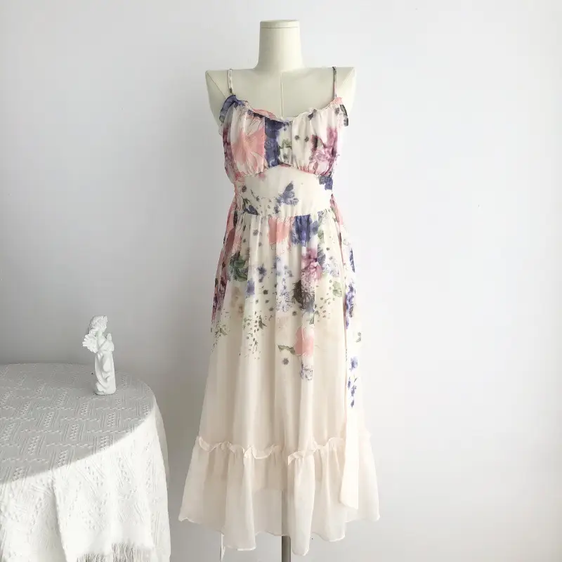 Floral Midi Slip Dress with Spaghetti Straps and Waist Tie