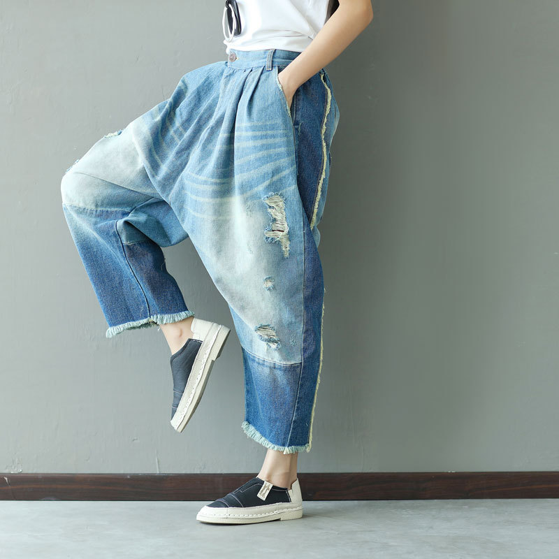 Make Old Ripped Tassel Elastic Waist Jeans