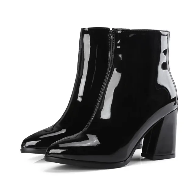 Patent Leather Fabric Pointed Thick Heel High heel Zipper Black - Shop at LoveMi