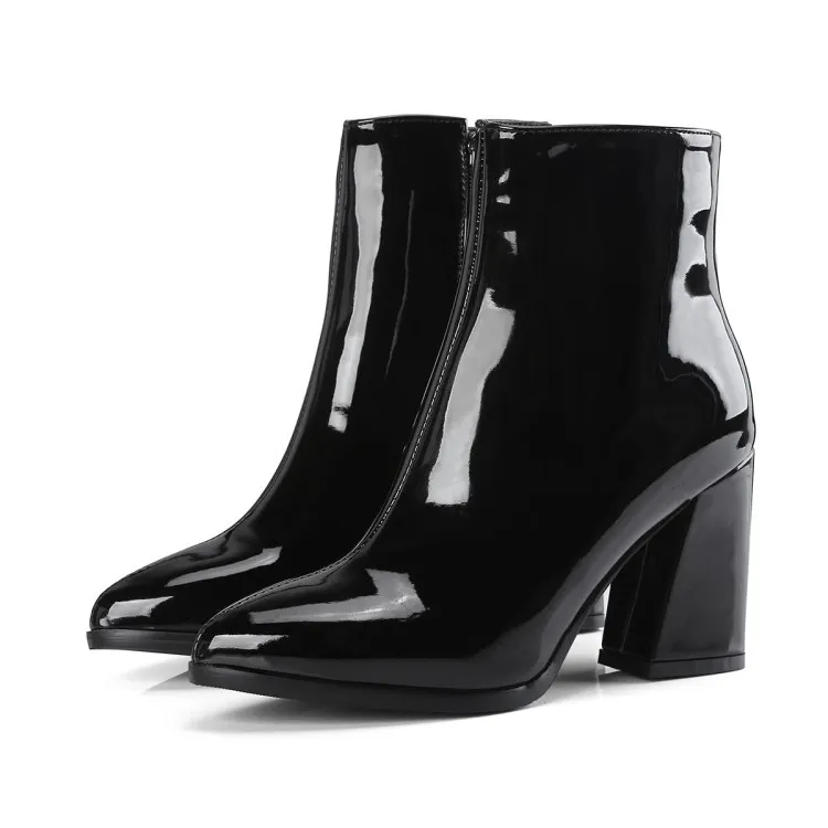 Patent Leather Fabric Pointed Thick Heel High-heel Zipper - Black