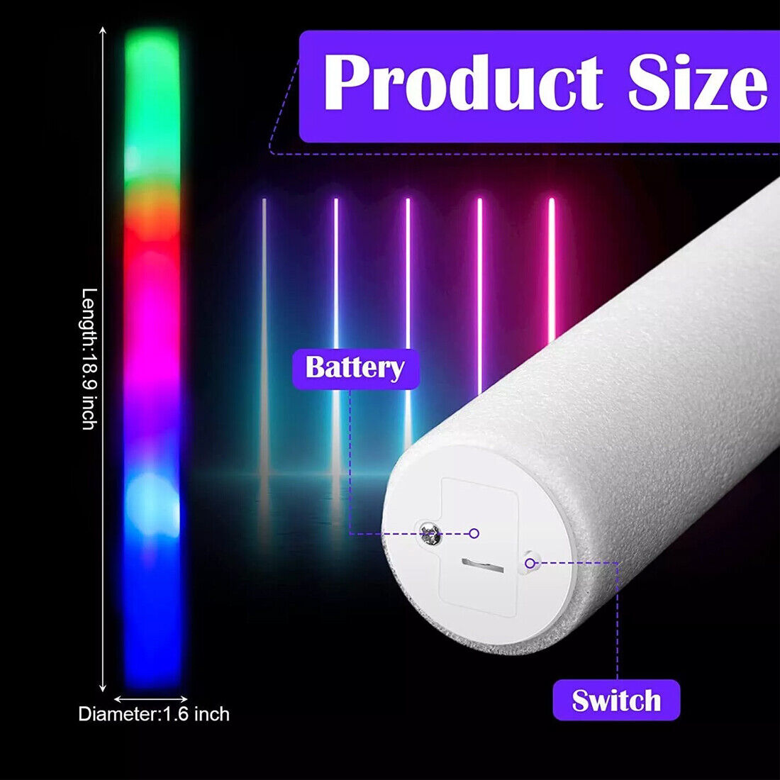 30Pcs LED Foam Stick Flashing MultiColor Glow In Dark White Batons Light Concert 15