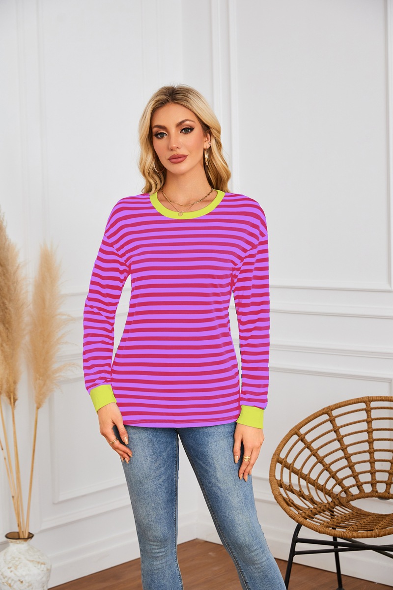 Women's Crew Neck Long Sleeve Casual Sweatshirt With Striped Pattern