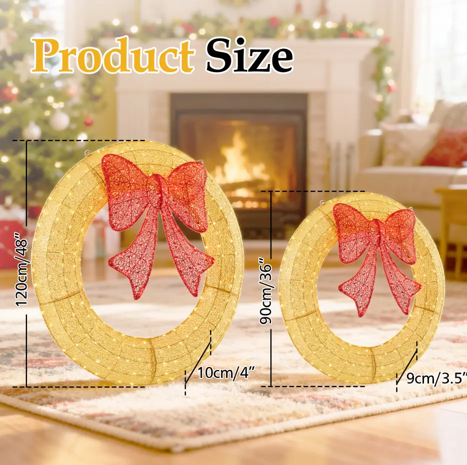 Christmas Wreath Decoration, LED Metal Holiday Decoration In Green Yellow
