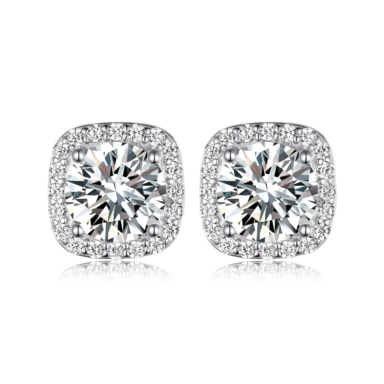 S925 Sterling Silver Cushion Halo Stud Earrings, 7mm D-VVS1 Moissanite, Platinum Plated 2.6g Women's Jewelry Gift Box