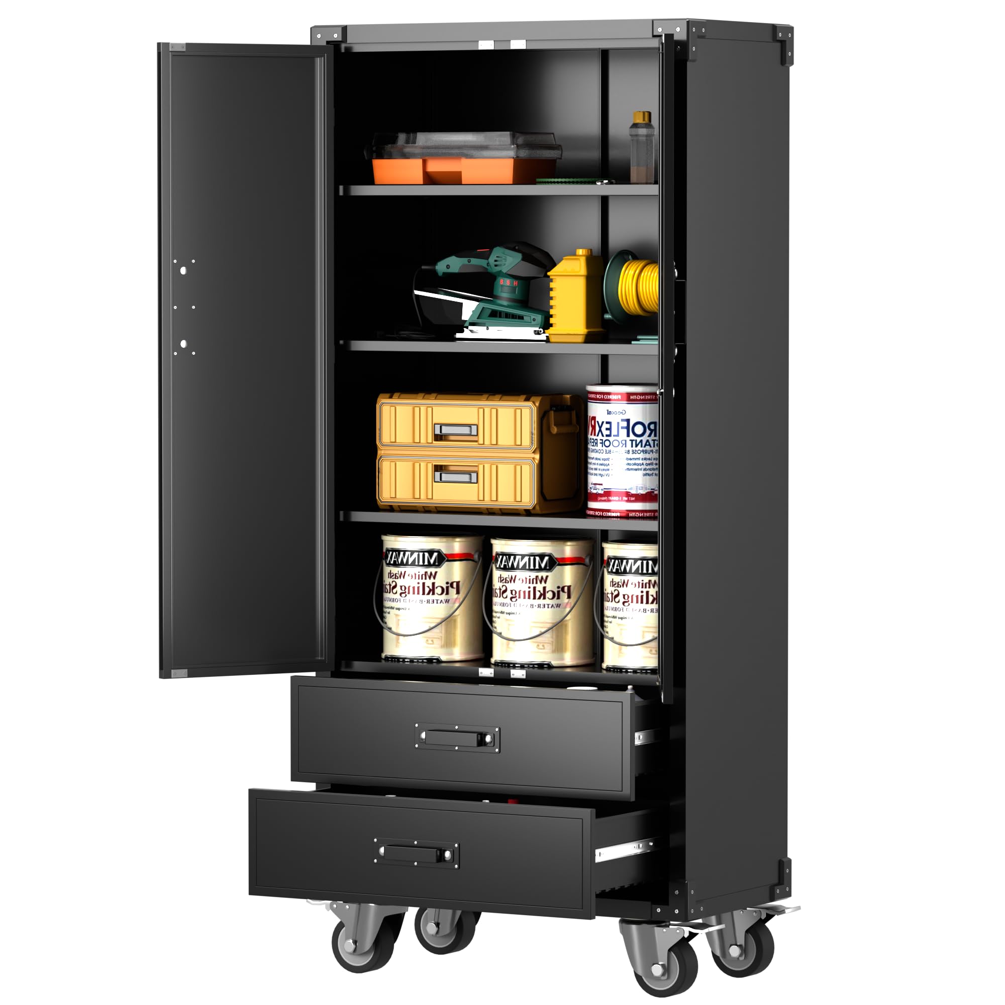 Aobabo Garage Metal Storage Cabinet With Wheels, Lockable Steel Storage Cabinet With 2 Large Drawer And 3 Adjustable Shelves, For Home, Office, Classroom, Black, Assembly Required