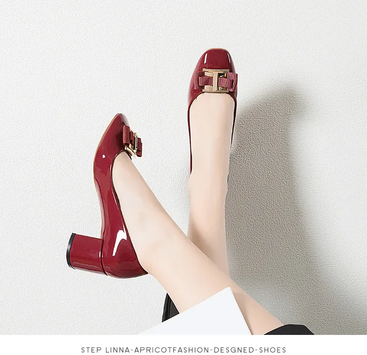 Spring And Autumn New Style Square Head Thick Heel Women's Single Shoes - Wine
