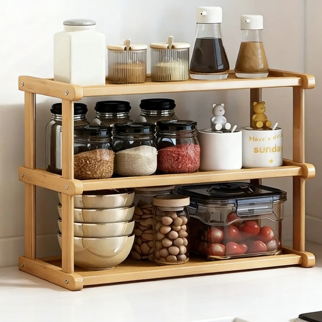 34Tier Spice Rack Coffee Station Organizer Wooden Kitchen Countertop — image 3