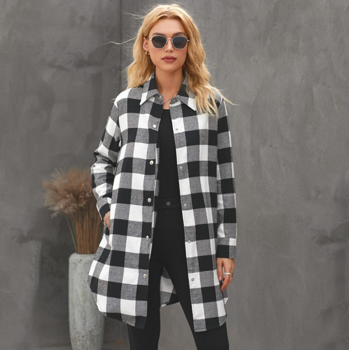 Women's Mid-length Long-sleeved Plaid Shirt Jacket