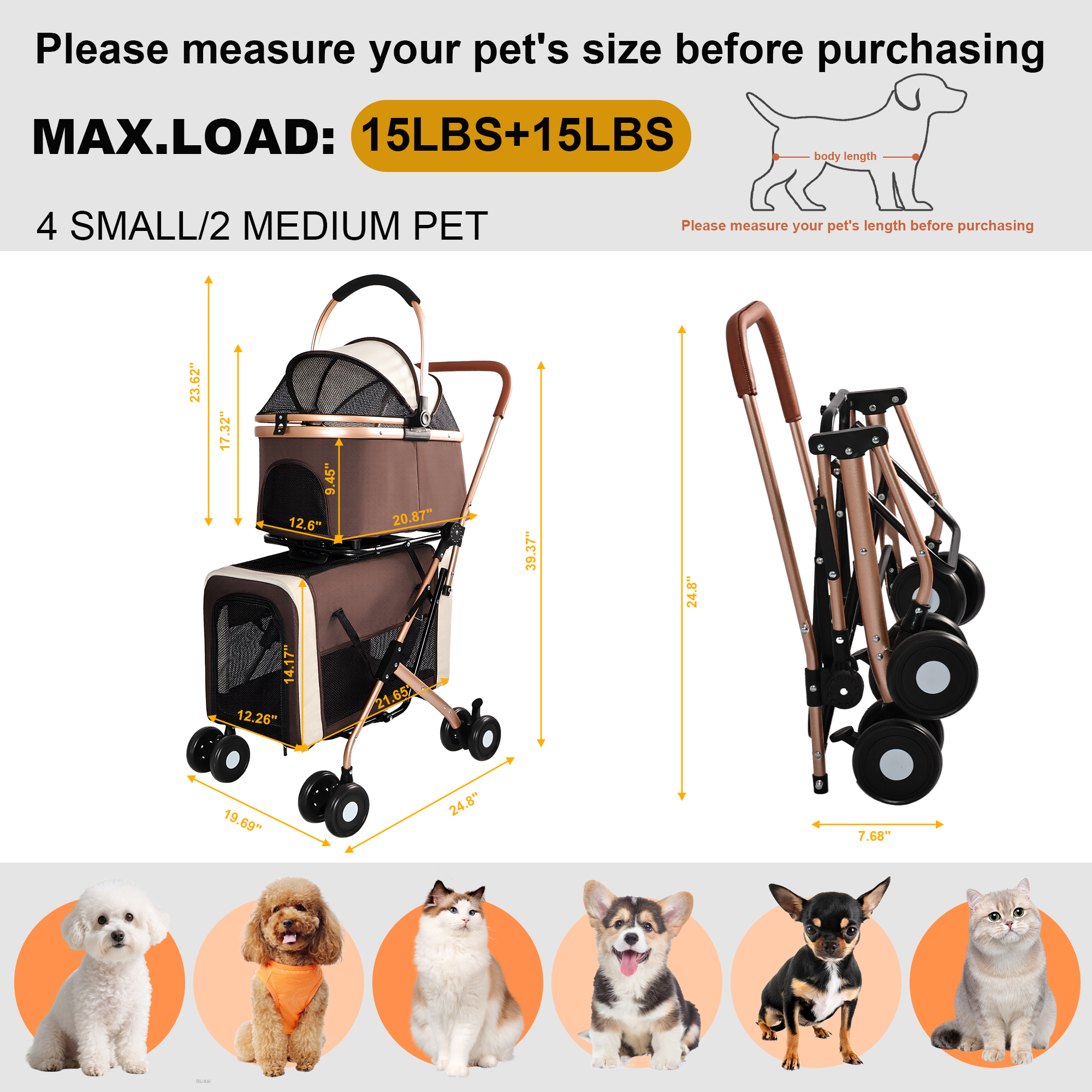 3-in-1 Double Pet Stroller For Small Medium Dogs Cats, Foldable Frame Convertible Pet Carrier Tote, Shockproof Wheels With Brake System, Dual Fixed Safety Leashes For Multi-Pet Households thumbnail 13